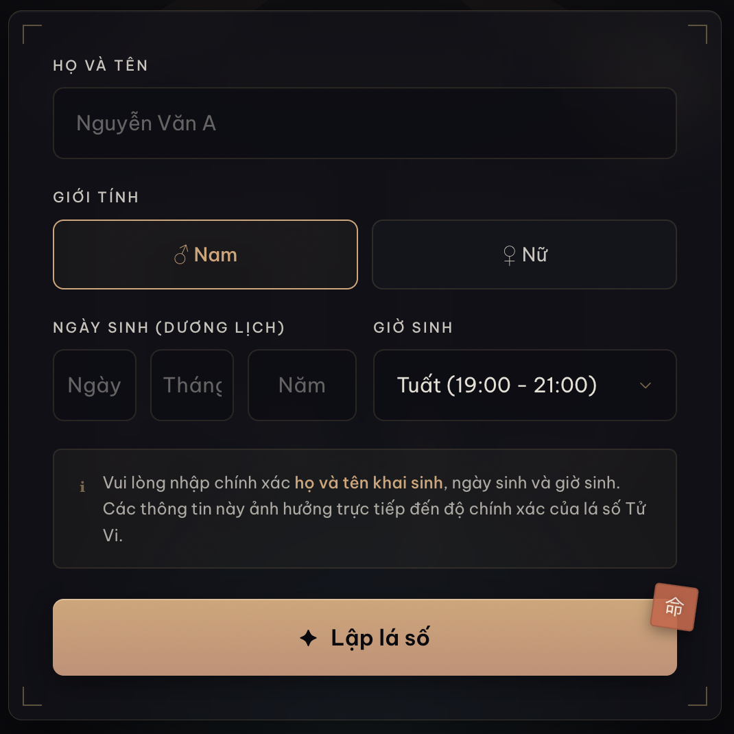 Hình ảnh form nhập thông tin tạo lá số luận giải với AI