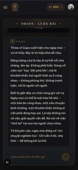 Chatbot Orion thực hiện luận giải tarot